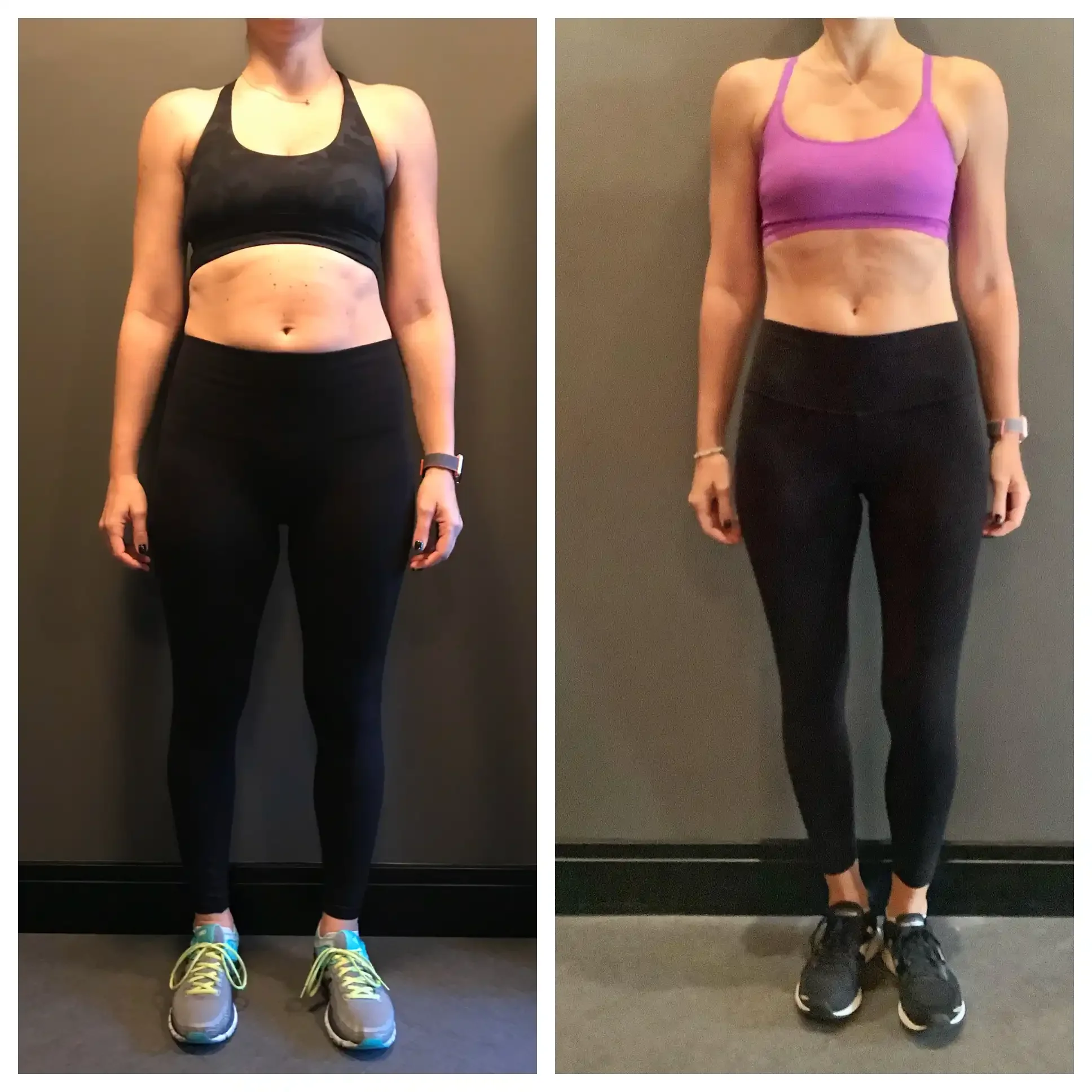 Side-by-side comparison of a woman's torso and legs before and after a fitness transformation. In the 'before' photo, she wears a black sports bra and black leggings, with a visible midsection and arms. In the 'after' photo, she wears a purple sports bra and black leggings, with a more toned abdomen and arms, standing against a plain wall.