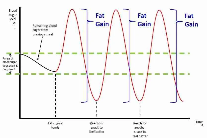 Line graph showing blood sugar levels over time, illustrating blood sugar spike from eating sugary foods, followed by fat gain, then decreasing, with repeated patterns of spikes and fat gain.