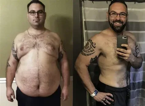 Side-by-side photos of a man showing significant weight loss progress, with the left photo showing him before weight loss and the right photo after.