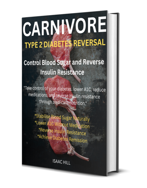 Cover of a book titled 'Carnivore Type 2 Diabetes Reversal' with an image of a raw piece of meat and text about controlling blood sugar and reversing insulin resistance.