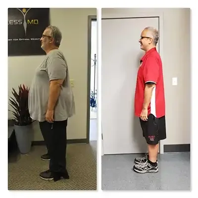 Side-by-side comparison of a man before and after weight loss. In the first image, the man is overweight, wearing a gray T-shirt and black pants, standing indoors. In the second image, the man has lost weight, is wearing a red T-shirt and shorts, and is standing in a different room.