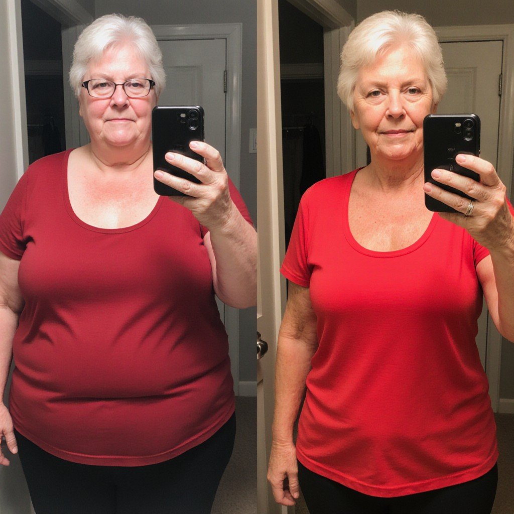 Side-by-side mirror selfies of a woman taking a photo with her phone. In the left image, she has white hair, wears glasses, and a red shirt. In the right image, she has shorter white hair and is wearing a red shirt. Both photos are taken in a bathroom with neutral-colored walls.