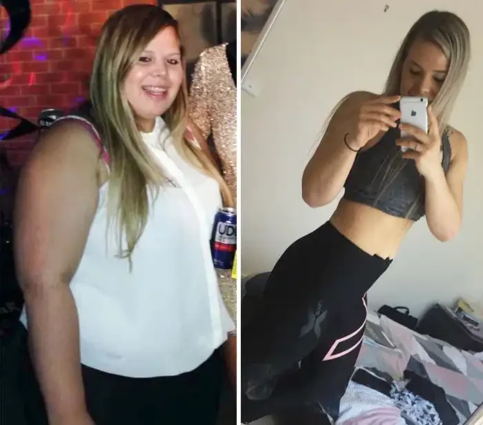 Side-by-side images of a woman before and after weight loss. On the left, she has a fuller figure and long blonde hair, smiling at an event. On the right, she is thinner, with long blonde hair, taking a mirror selfie wearing a crop top and athletic pants.