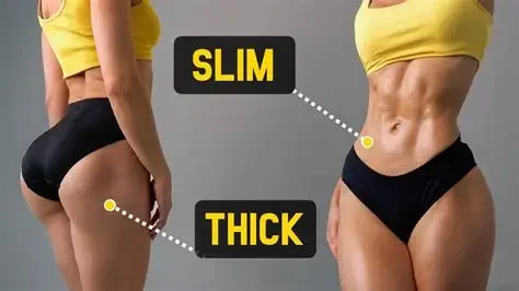 Comparison of a person's body, showing a slim waist on the right and thicker waist on the left with labels indicating 'SLIM' and 'THICK'.