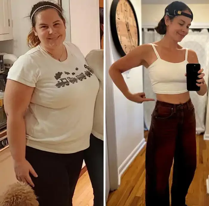 Side-by-side comparison of a woman before and after weight loss, smiling in both photos. In the first, she is wearing a white T-shirt and black pants. In the second, she is wearing a white crop top and high-waisted jeans, posing in front of a mirror.