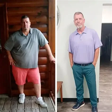 Comparison photo showing a man before and after weight loss. In the before photo, he is wearing a gray polo shirt and red shorts, standing against a wooden wall. In the after photo, he is dressed in a light purple polo shirt and teal pants, standing against a light-colored wall.