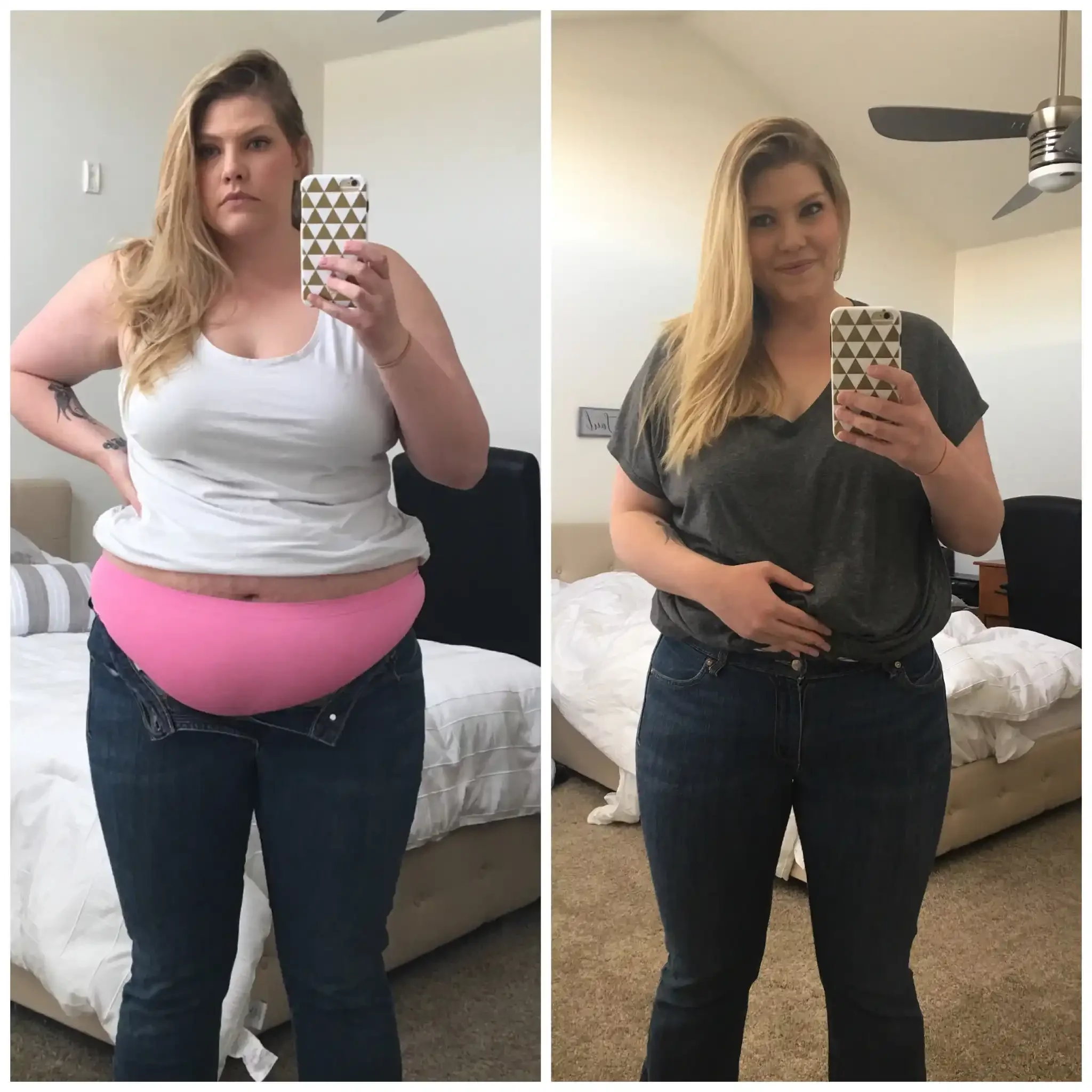 Side-by-side mirror selfies of a woman with long blonde hair, one wearing a white tank top and pink pants, the other in a dark gray t-shirt and dark jeans, in a bedroom with a bed, a ceiling fan, and a wall with a picture frame.