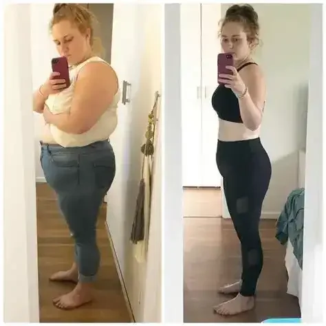 Side-by-side before and after photos of a woman taking mirror selfies, showing weight loss transformation.