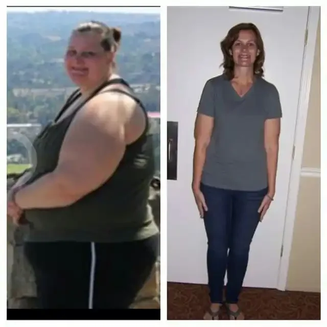 Side-by-side comparison of a woman before and after weight loss. On the left, she is overweight, standing outdoors with a city view in the background. On the right, she is slimmer, standing indoors in front of a closed door, smiling, wearing a gray t-shirt and dark jeans.