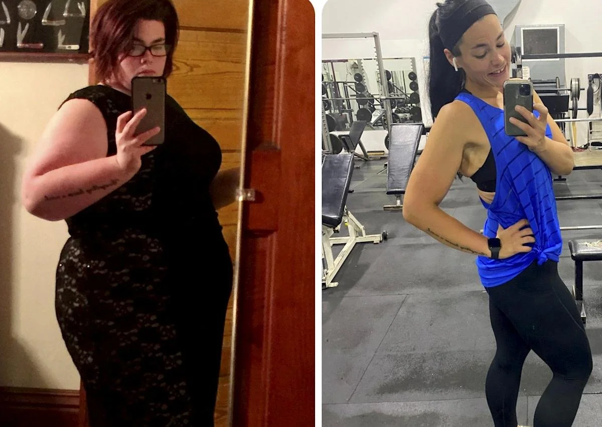 Side-by-side comparison of a woman before and after fitness transformation. On the left, she is heavier with red hair and glasses, wearing a black lace dress, taking a mirror selfie indoors. On the right, she is slimmer with dark hair in a ponytail, wearing a blue workout top and black leggings, taking a mirror selfie at the gym.