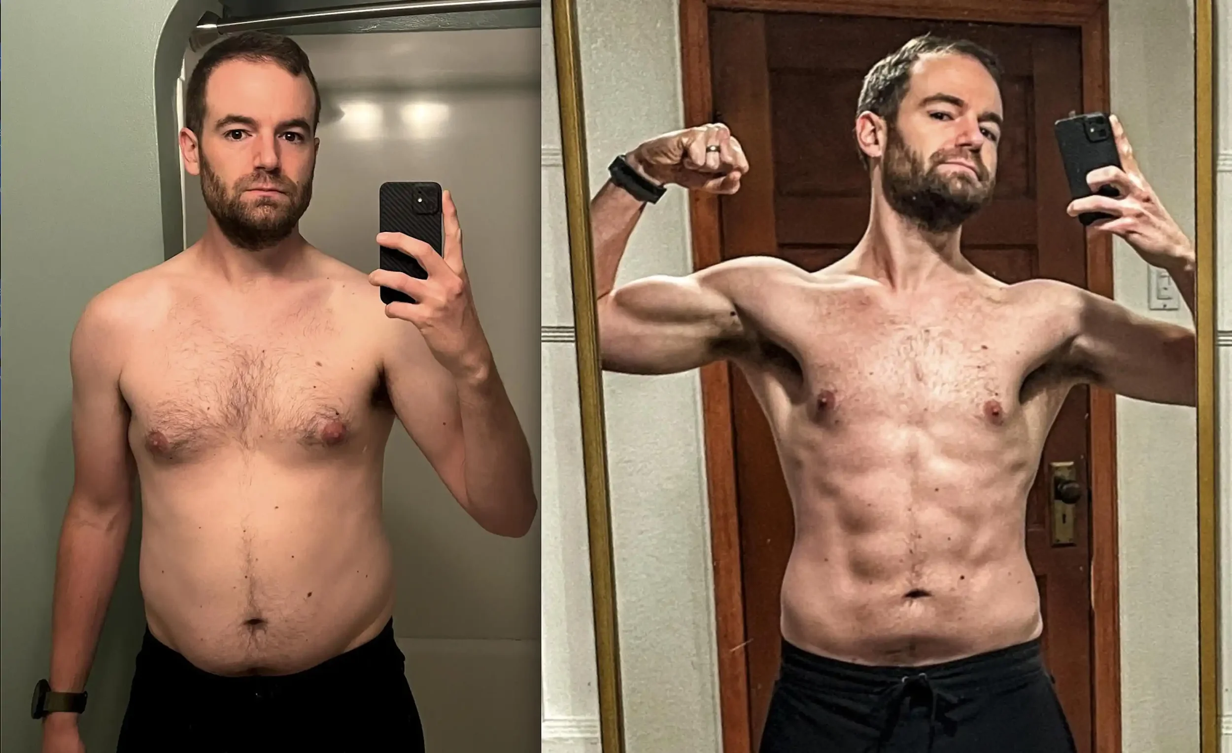 Comparison photo showing a shirtless man in a mirror, left side with a less muscular physique and right side with a more muscular physique, flexing his arm.