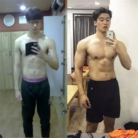 Side-by-side photos of a young man taking mirror selfies, showing his physical transformation from slim to muscular.