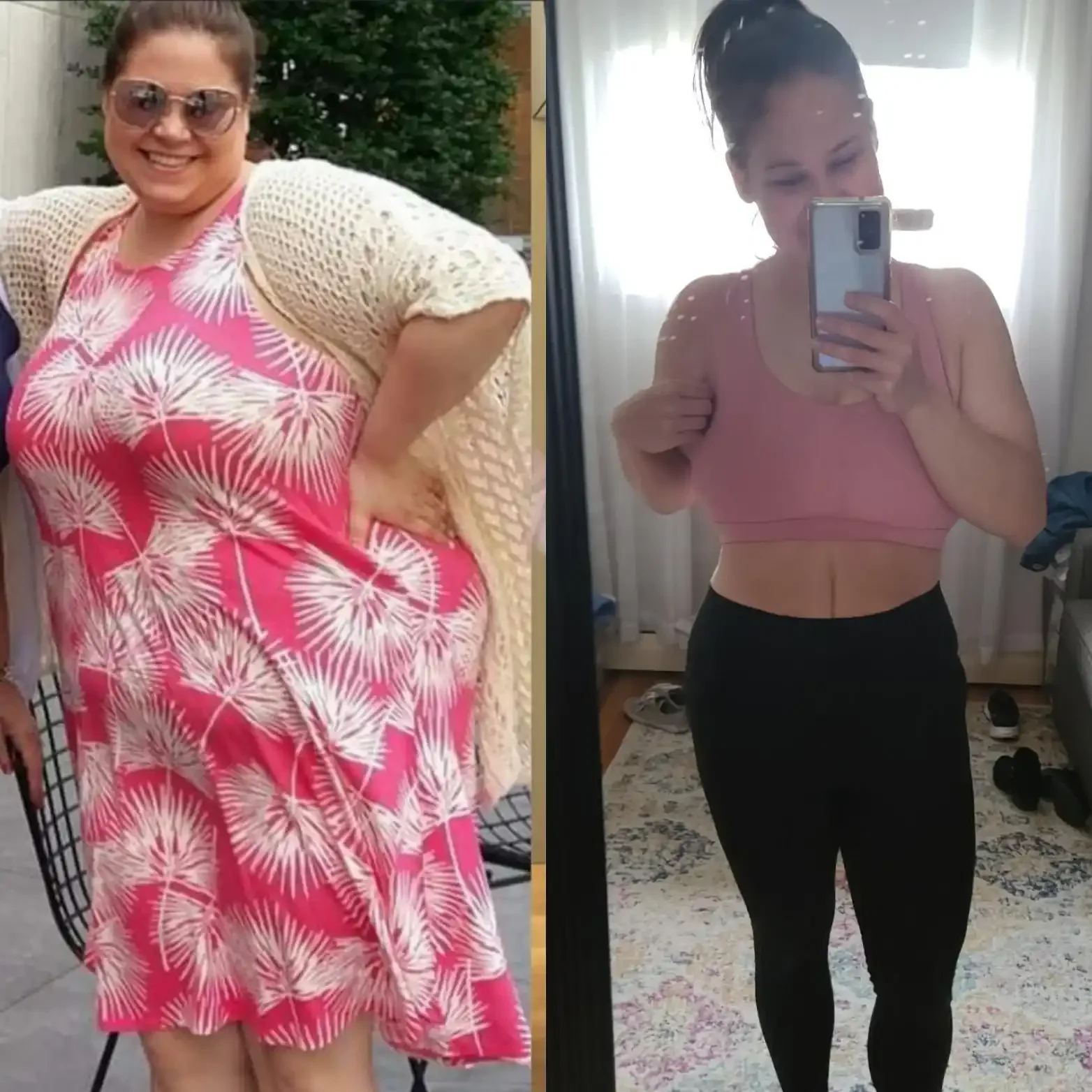 Side-by-side photos of the same woman before and after her weight loss. On the left, she is smiling, wearing sunglasses, a pink and white dress with a white crochet cover-up. On the right, she is taking a mirror selfie, wearing a pink crop top and black leggings, showing her slimmer figure.
