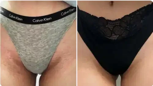 Close-up of two women wearing underwear, left in gray Calvin Klein underwear, right in black lace underwear.