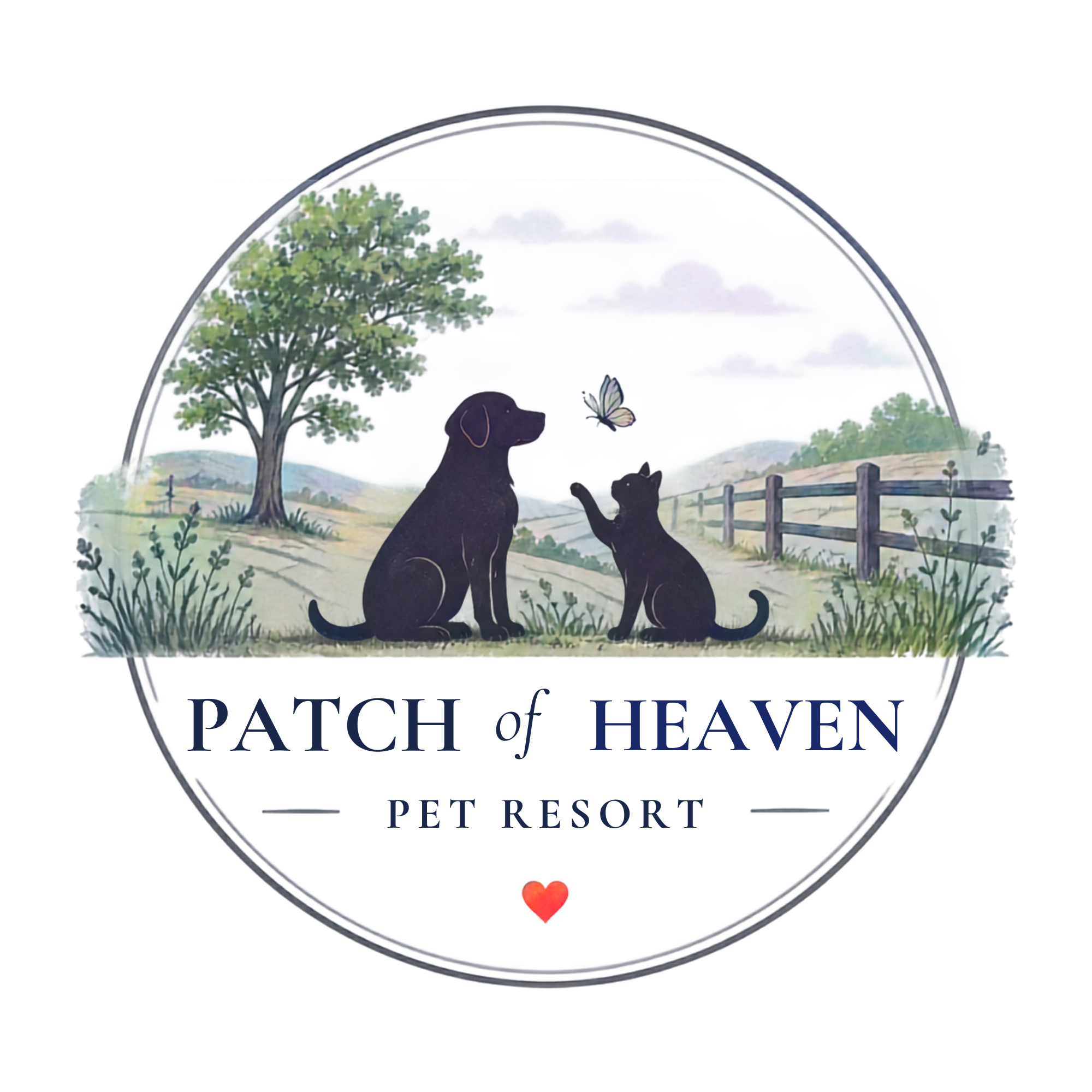 Logo for Patch of Heaven Pet Resort featuring a silhouette of a dog with a butterfly, trees, sky with clouds, a fence, and a small red heart at the bottom.