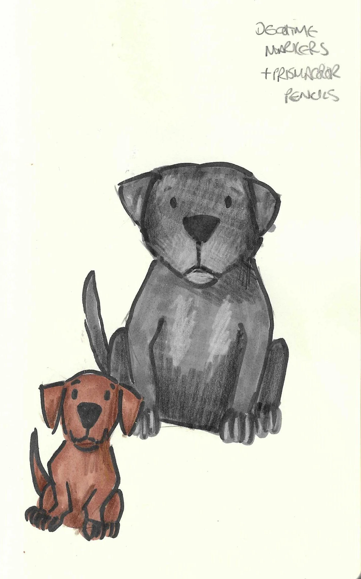 Hand-drawn illustration of dogs. The largest dog is grey, sitting upright with black ears and nose. The second dog is smaller, brown and is sitting at the bottom left corner.