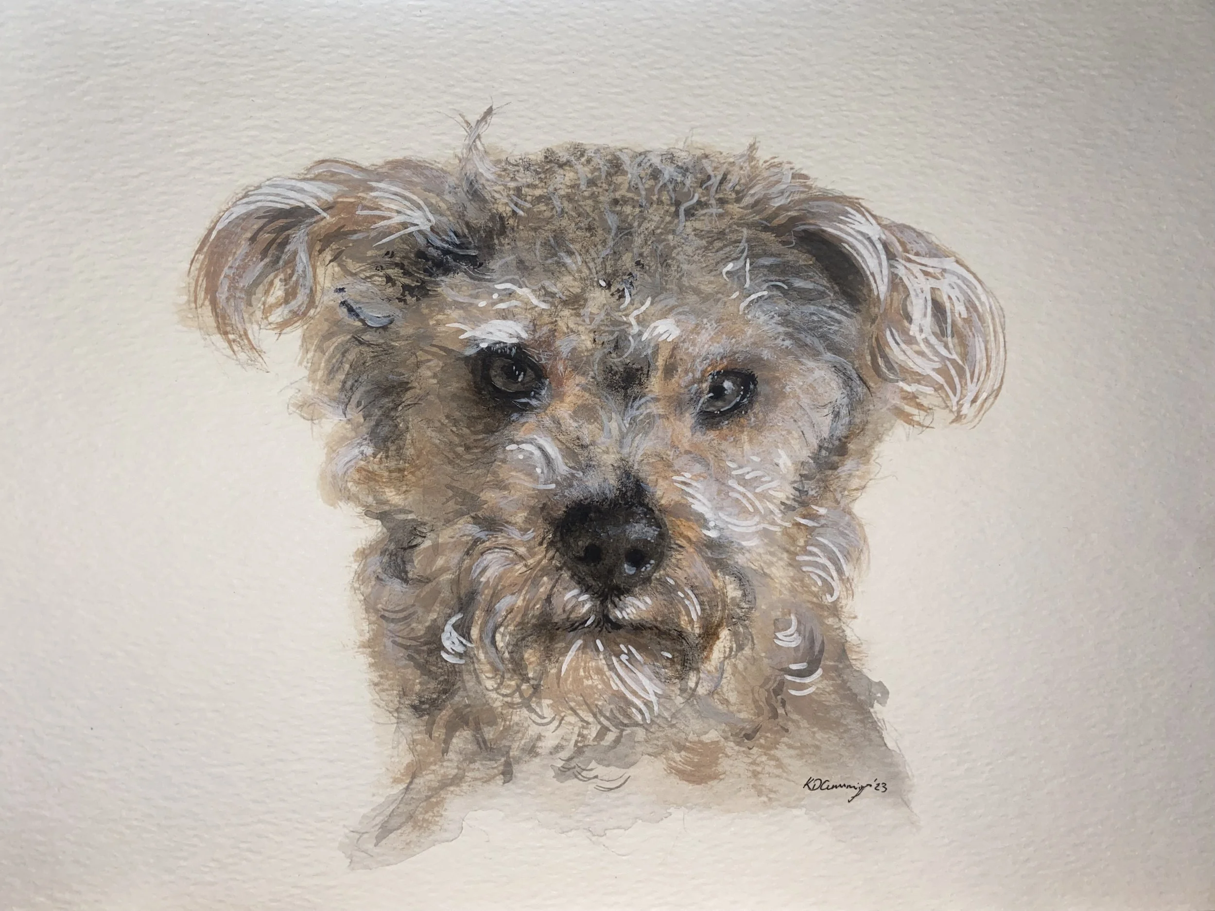 A watercolor painting of a small dog with brown and gray fur, dark eyes, and floppy ears, against a plain white background.