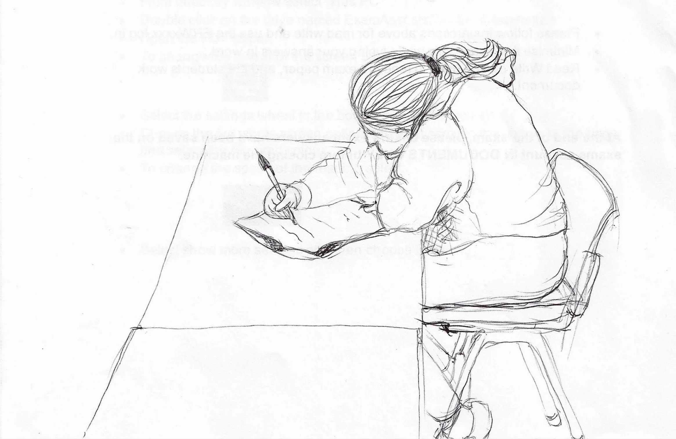 A line drawing of a woman sitting at a table, writing in a notebook with a pen.