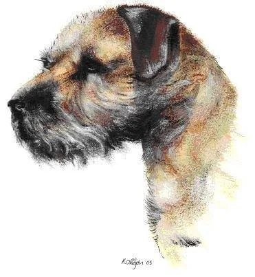 Watercolour painting of a dog, showing a side profile with a detailed face and ears.