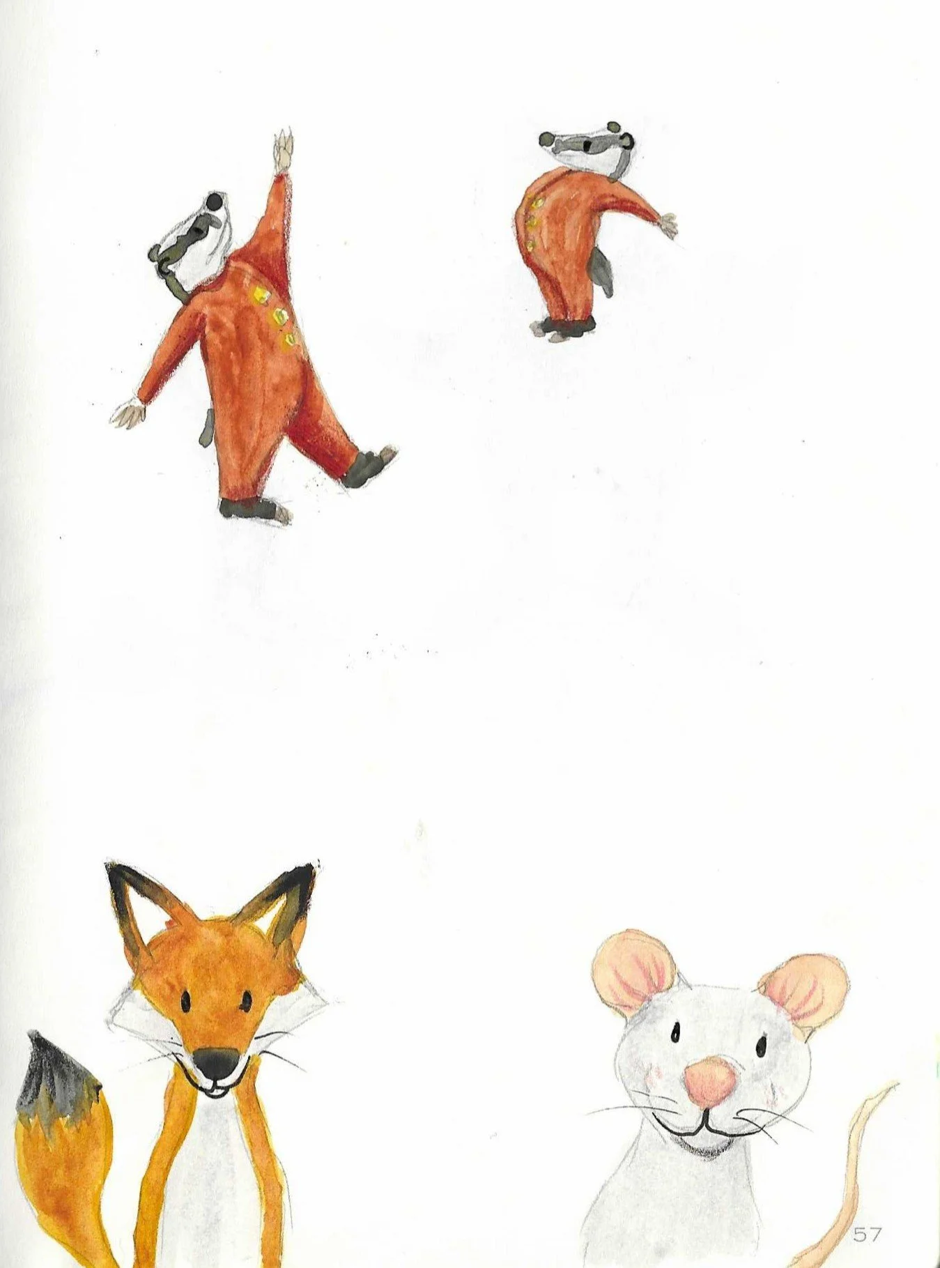 Hand-drawn illustrations of various animals, including a fox, a badger, and a mouse.