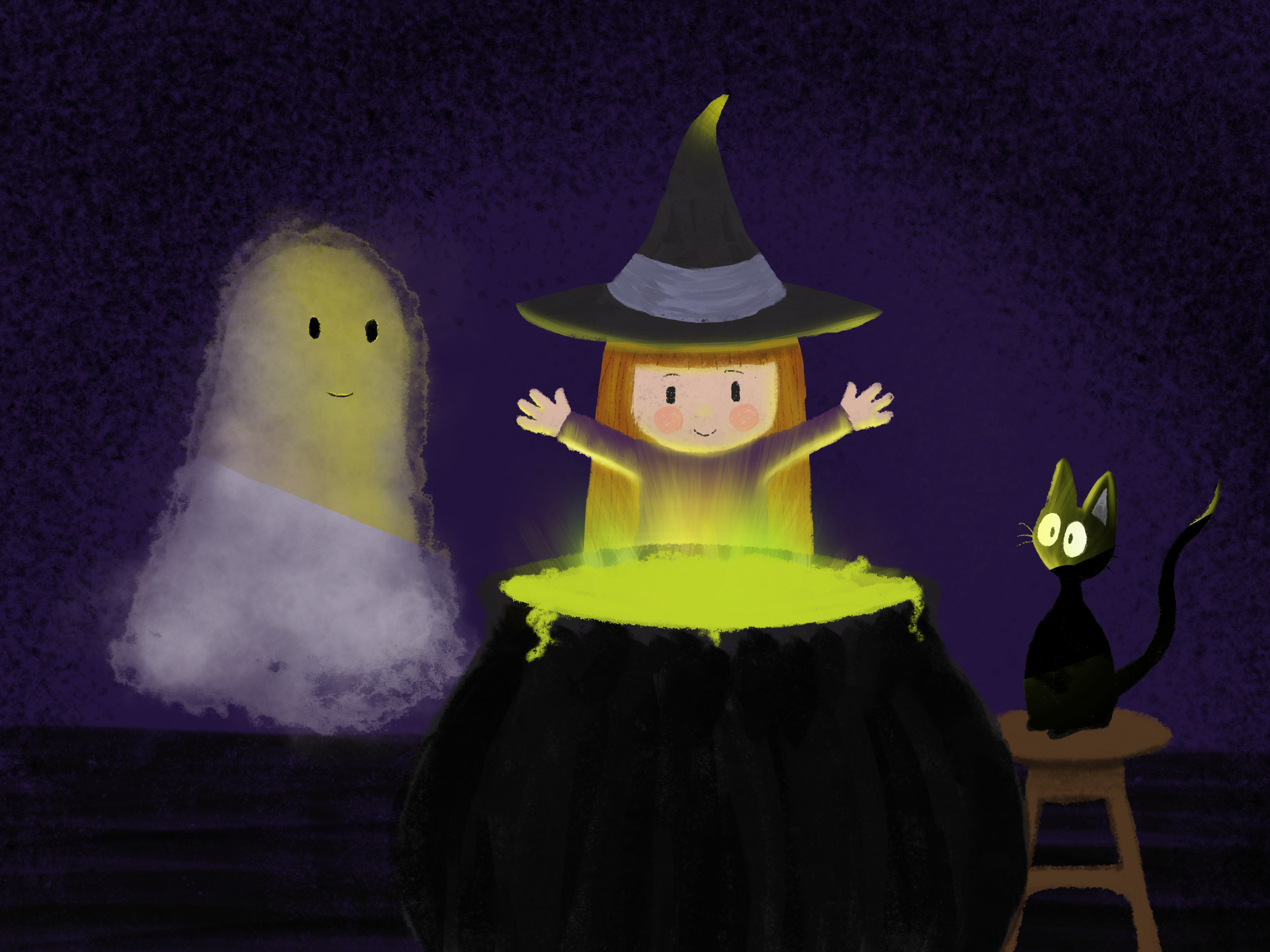 A cartoon illustration of a young girl wearing a witch hat, standing in front of a bubbling green cauldron with a glowing yellow light, surrounded by ghostly figures and a black cat with wide eyes, set against a dark purple background.