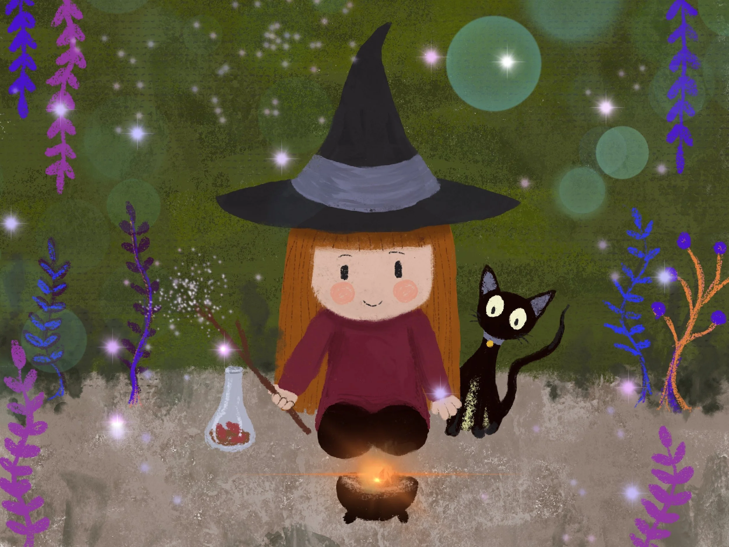 A cartoon girl with orange hair wearing a purple dress and a black witch's hat sits on the ground with a black cat. The girl holds a broom, and there is a lit candle in front of her. The background is green with floating orbs of light and purple and 
