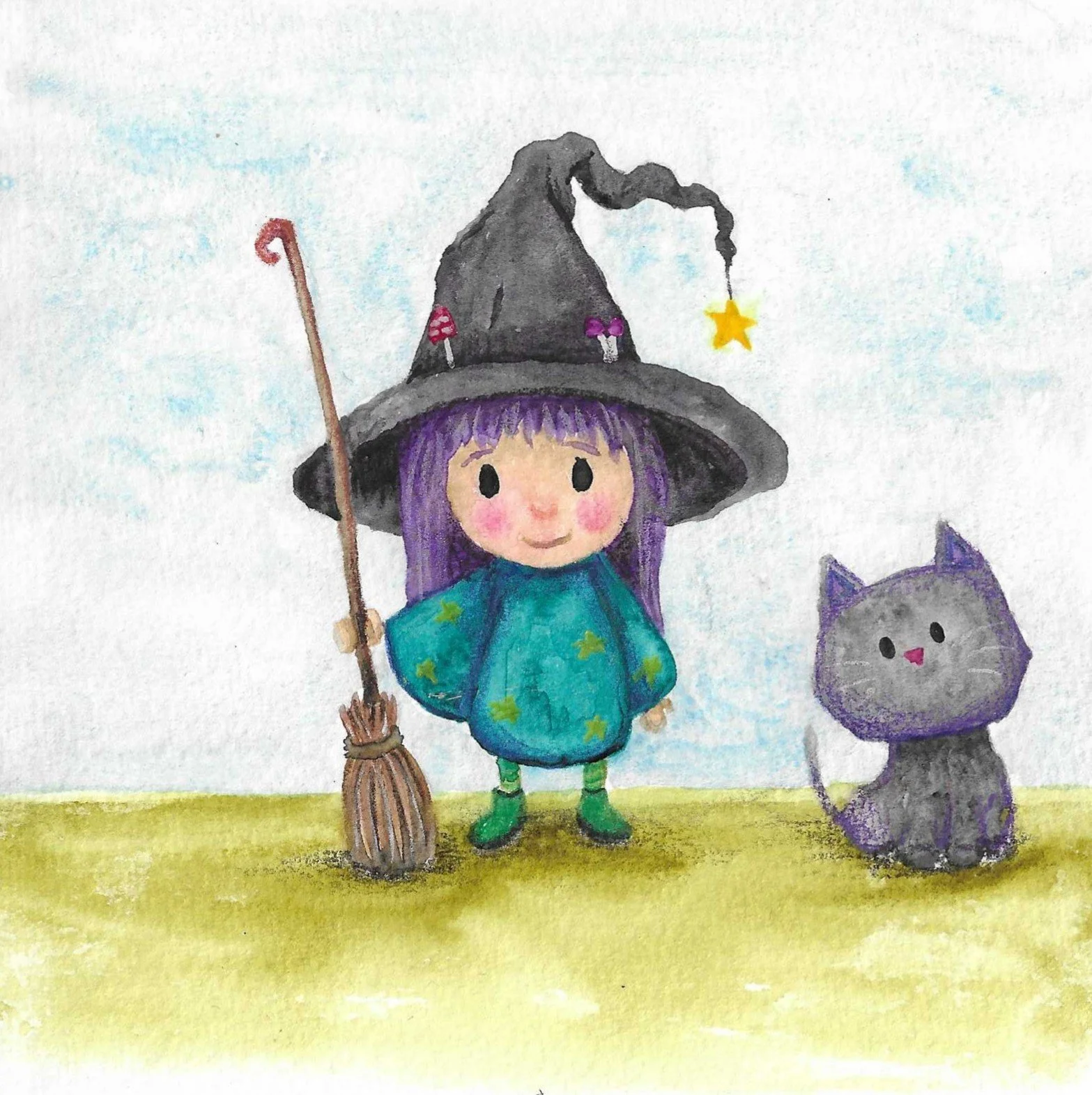 A watercolour illustration of a child dressed as a witch, wearing a large black hat with purple mushrooms, holding a broomstick, and a gray cat with purple highlights sitting next to them on a grassy field.
