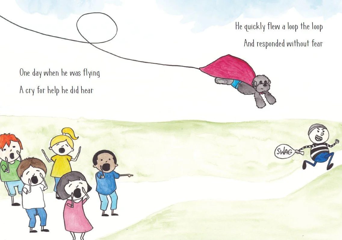 Children watching a dog fly with a red cape attached to a balloon, with a poem about a flying dog.