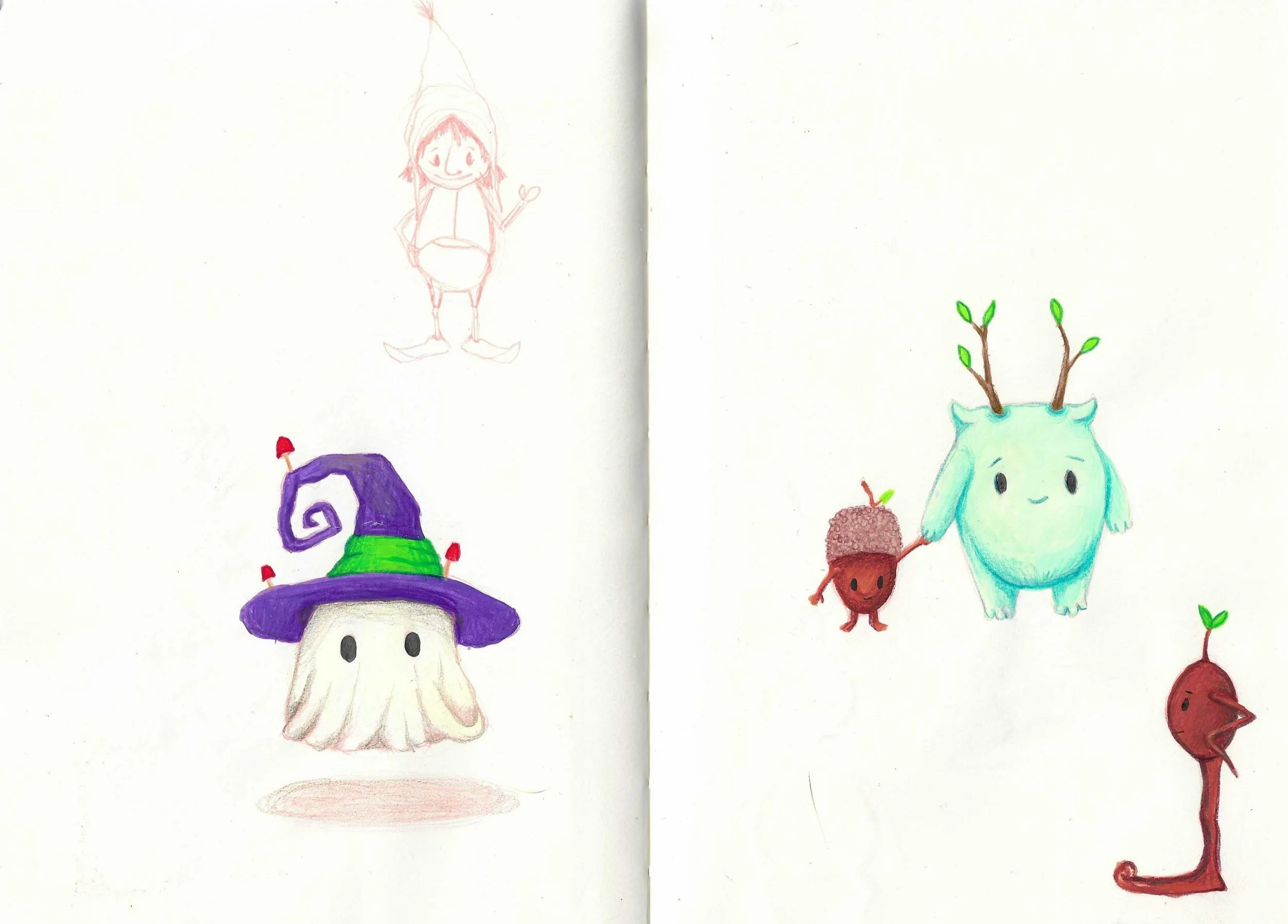 Hand-drawn colored illustrations of whimsical characters and objects on white paper. There is a smiling green creature with leaves on its head, a small red ant, a purple wizard hat with red dots, and a tall white figure with a purple hat, black eyes,