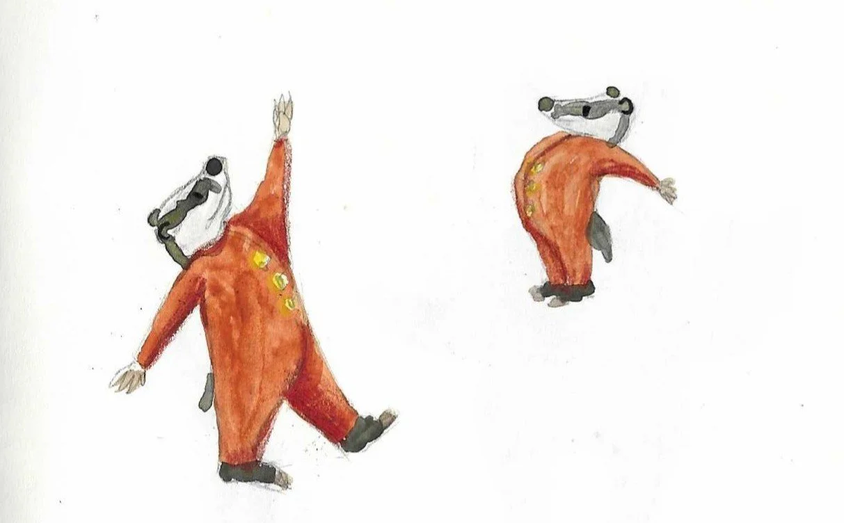 Two watercolour sketches of badger characters in an orange outfit with a black head, black shoes, and yellow buttons, one balancing on one leg and the other with arms outstretched.