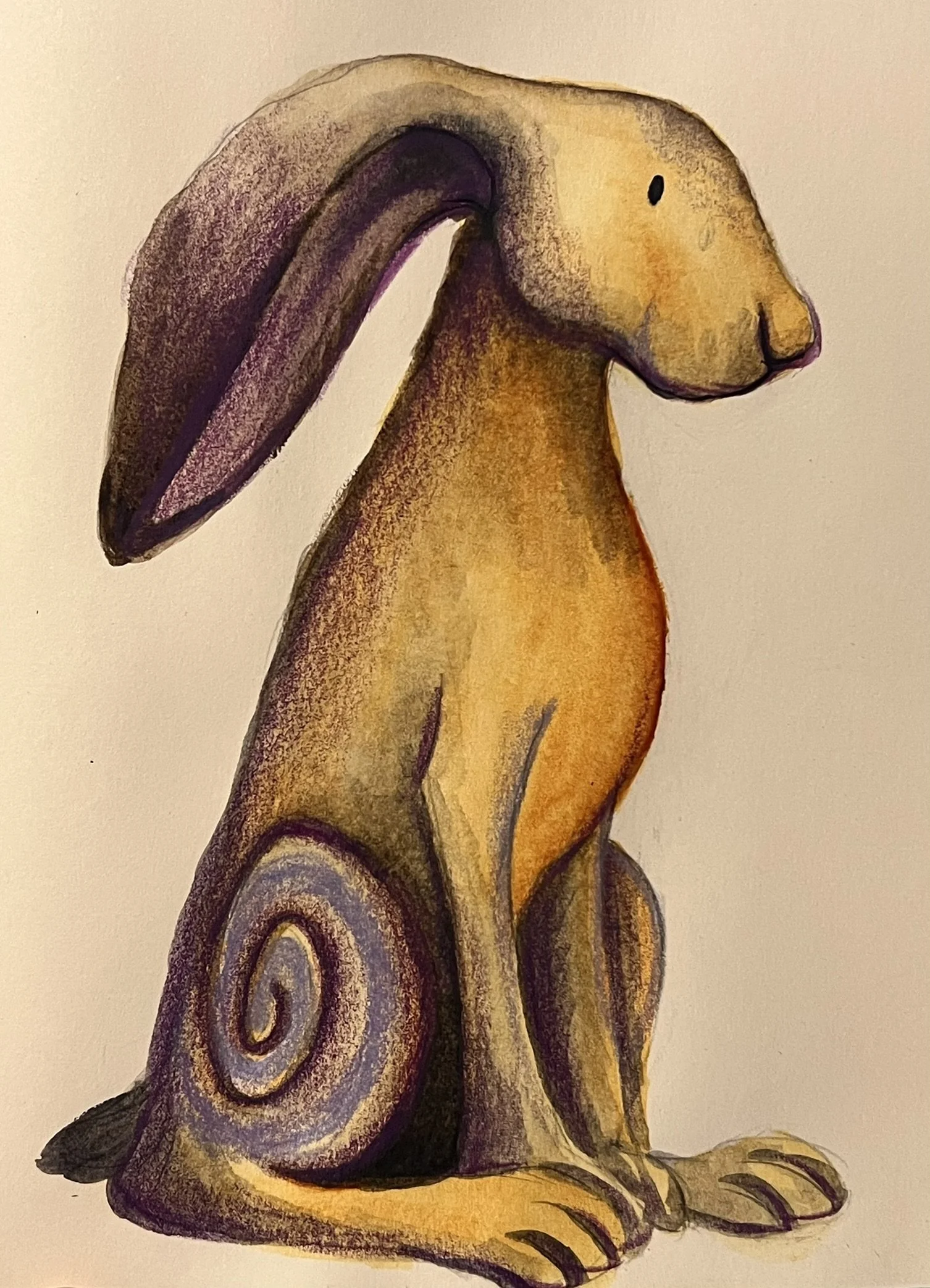 A colourful abstract painting of a hare with large floppy ears, spiralled tail, and a relaxed expression, done in earthy tones with purple accents.