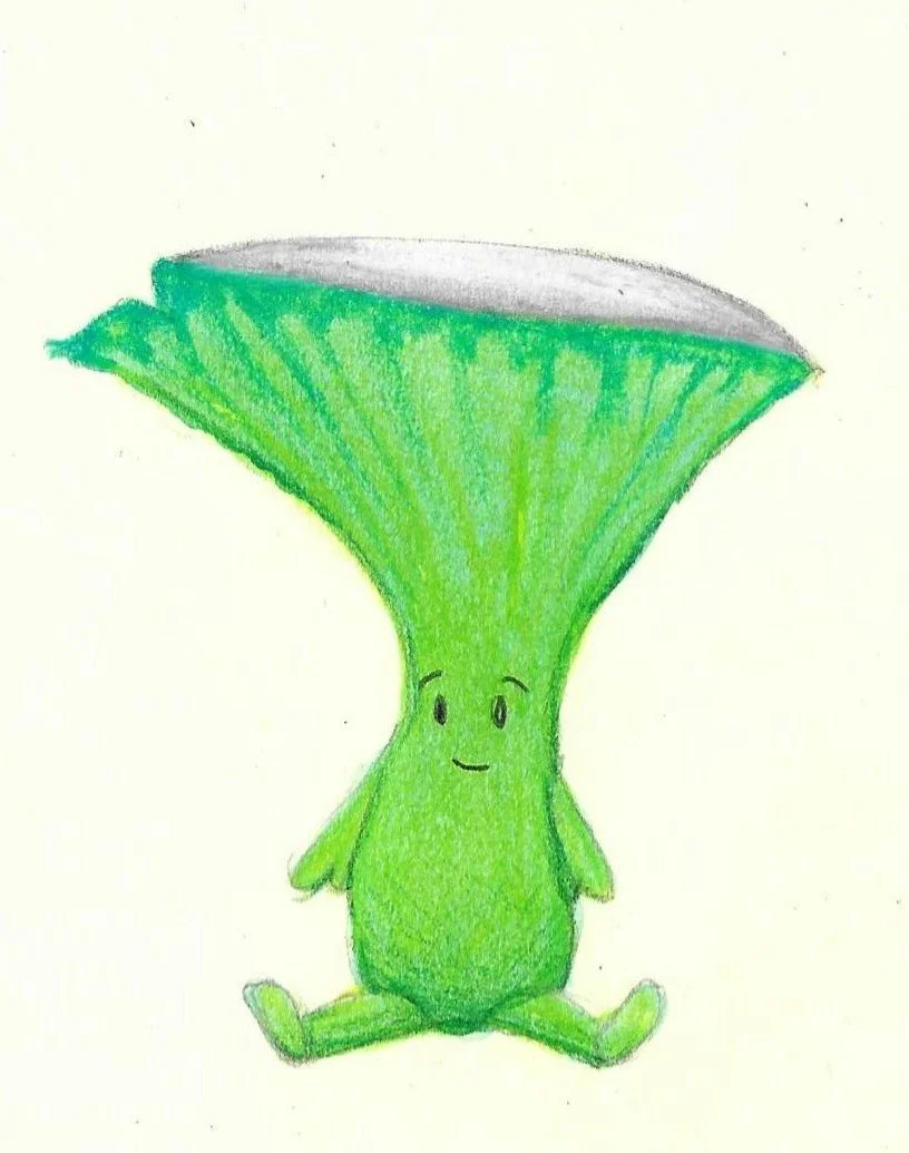 A cute, cartoon-style drawing of a character with a green body and a large, gray, semi-circular head resembling a mushroom or gourd, with a smiling face and sitting with legs spread out.