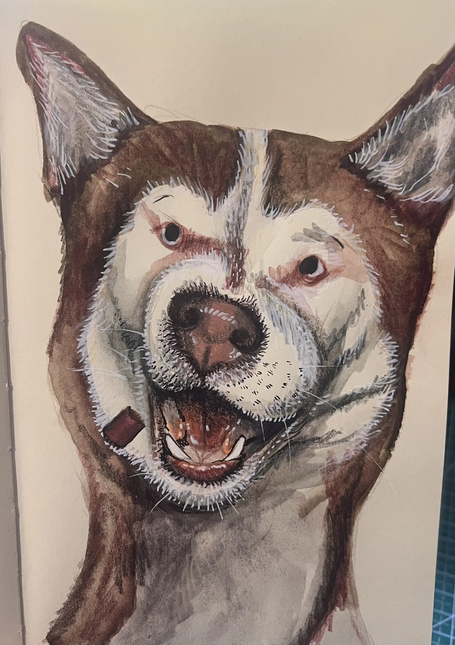 Watercolor painting of a dog resembling a husky, with blue eyes and a smiling expression.