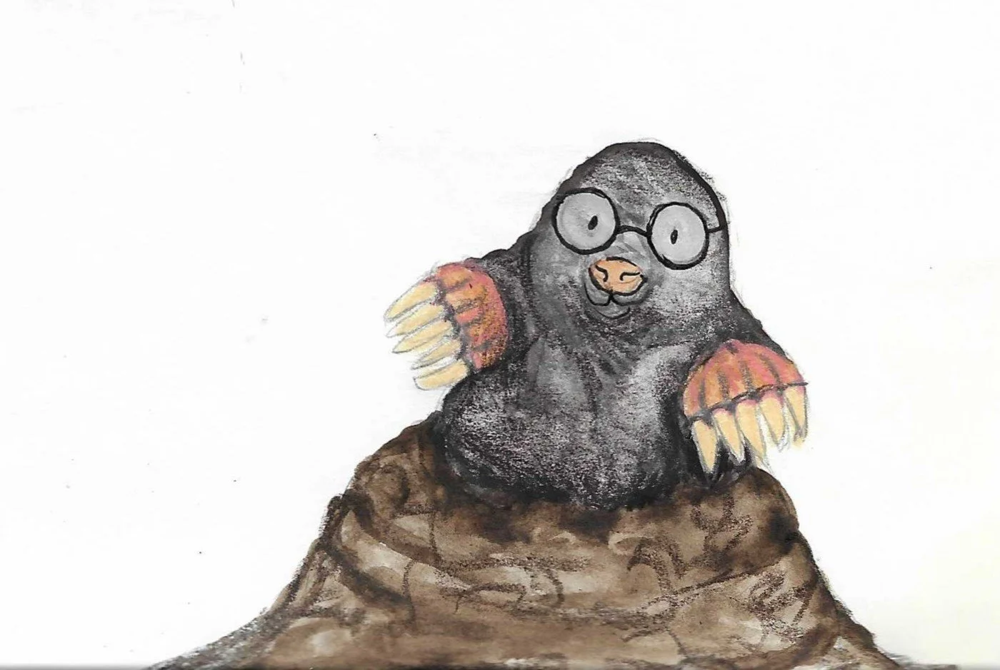 Hand-drawn illustration of a mole with glasses, large claws, and a surprised expression, perched on a mound of earth.