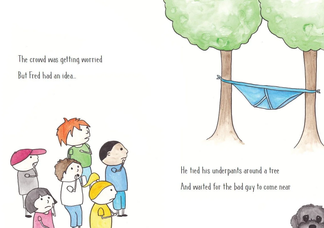 Children standing on a playground, looking up at a hammock tied between two trees, with a humorous text about Fred's idea to catch a bad guy.