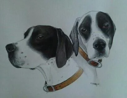Painting of two black and white dogs with collars