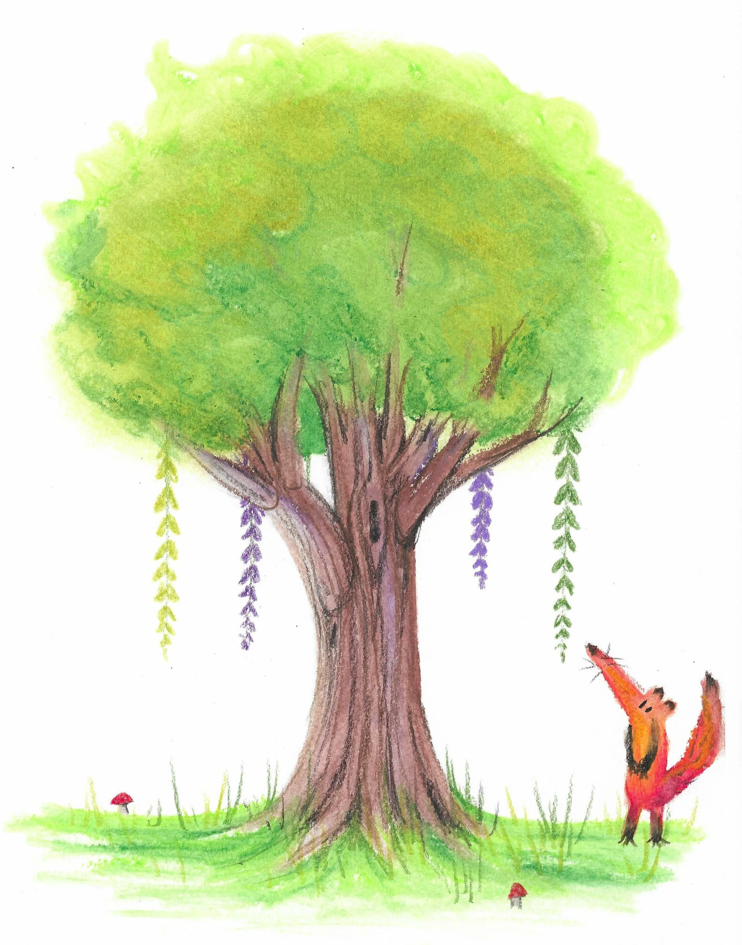 Childlike watercolour painting of a large tree with green leaves, purple flowers hanging from the branches, small red mushrooms on the grass, and a fox with orange fur and black legs sitting nearby under the tree.