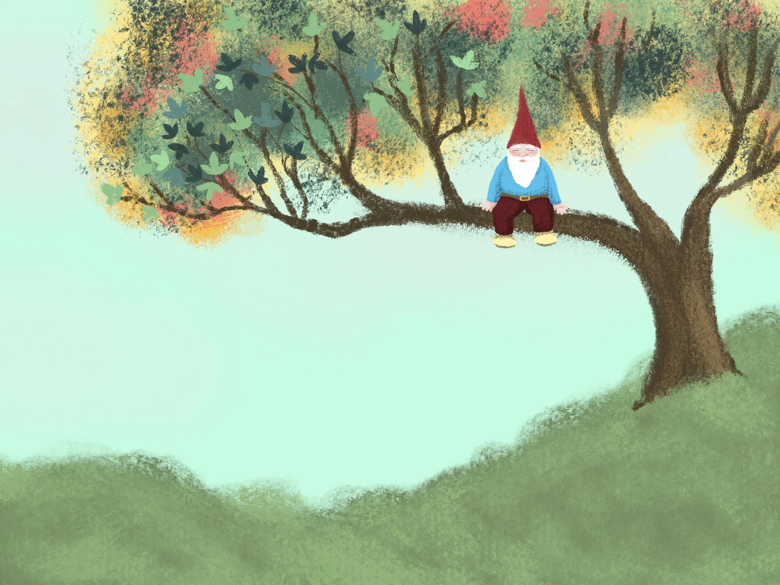 A gnome with a red hat, white beard, blue shirt, and maroon pants is sitting on a tree branch among colorful autumn leaves and flying birds.