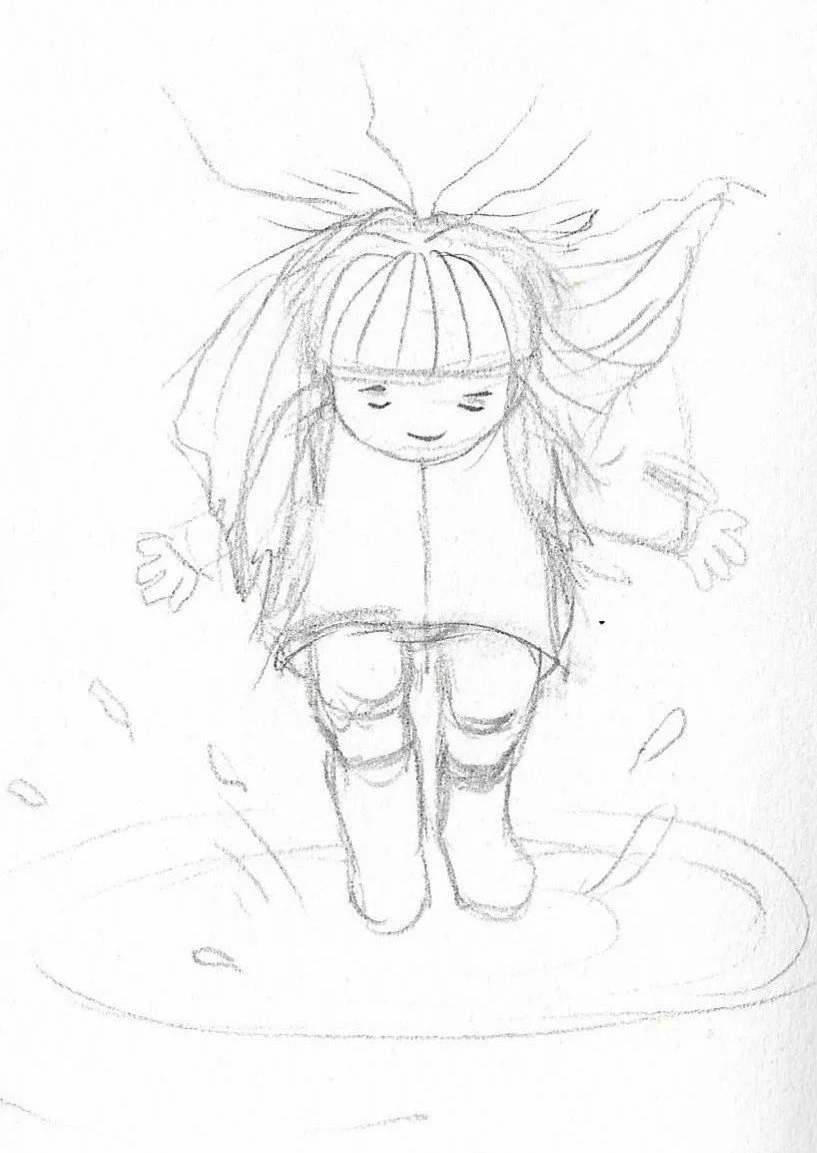 Sketch of a girl with long hair and bangs, jumping in a puddle with a happy expression, surrounded by leaves.