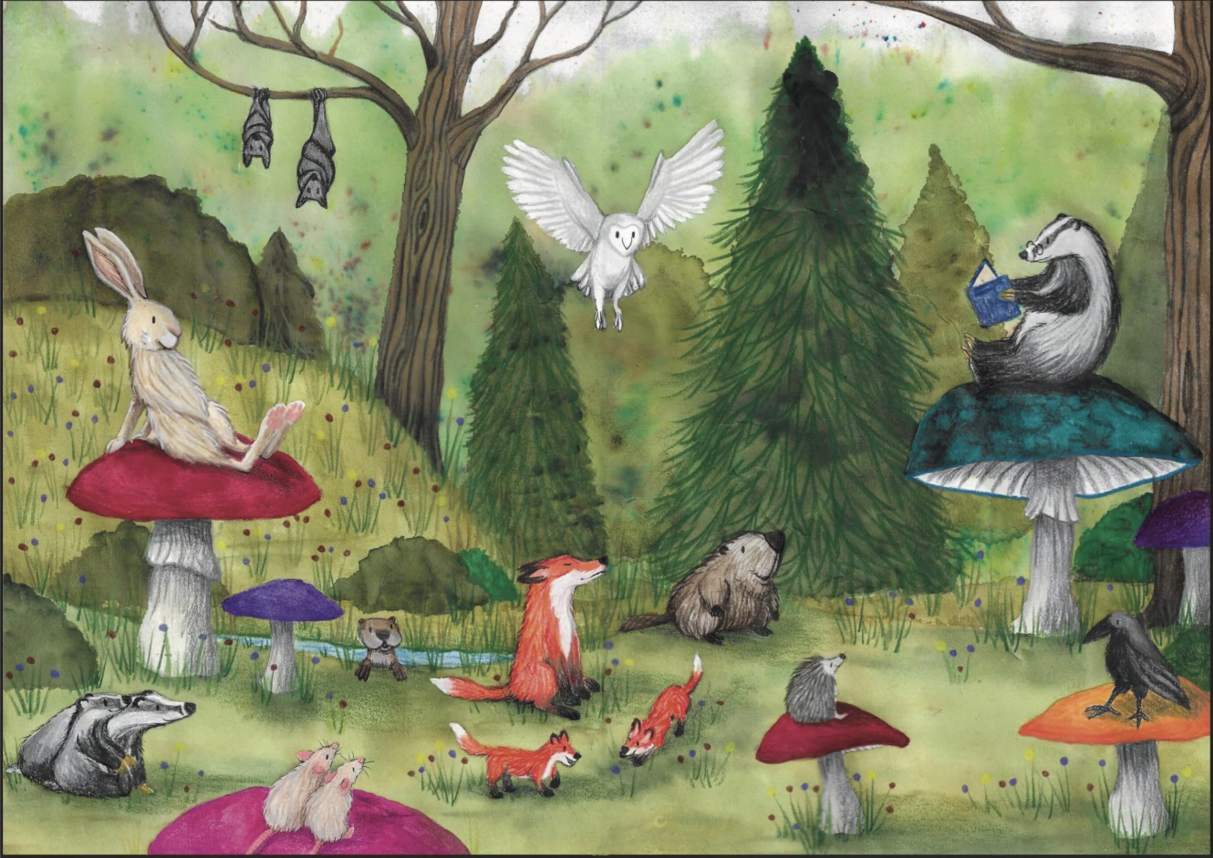 Colourful illustration of woodland animals in a forest, including a rabbit, otter, fox, hedgehog, mouse, barn owl, raven and badger, surrounded by trees, mushrooms, and hanging bats.