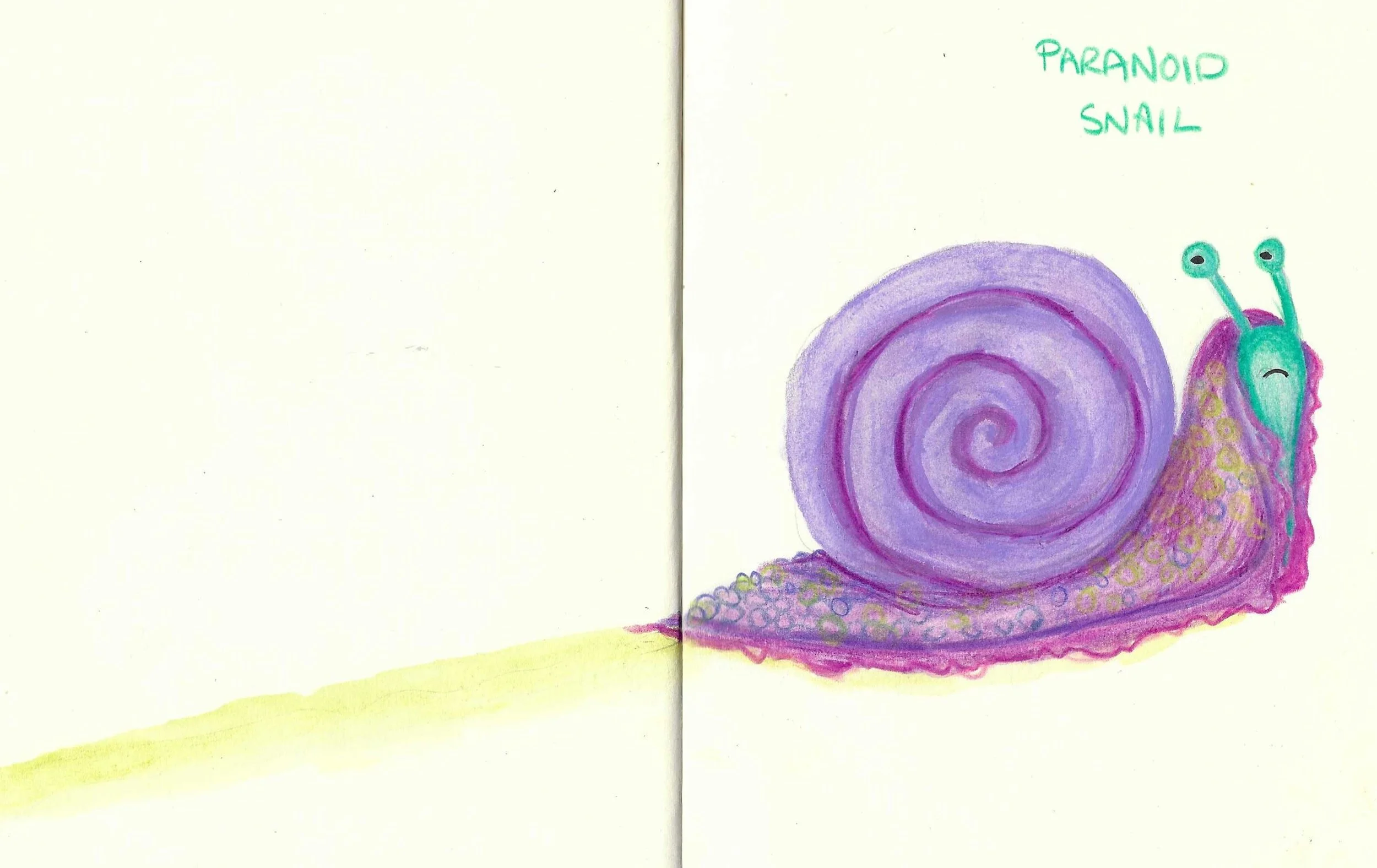 A colourful, hand-drawn illustration of a snail with a purple spiral shell, green head and antennae, and a pink and yellow body, with the words 'Paranoid Snail' written in green above it.