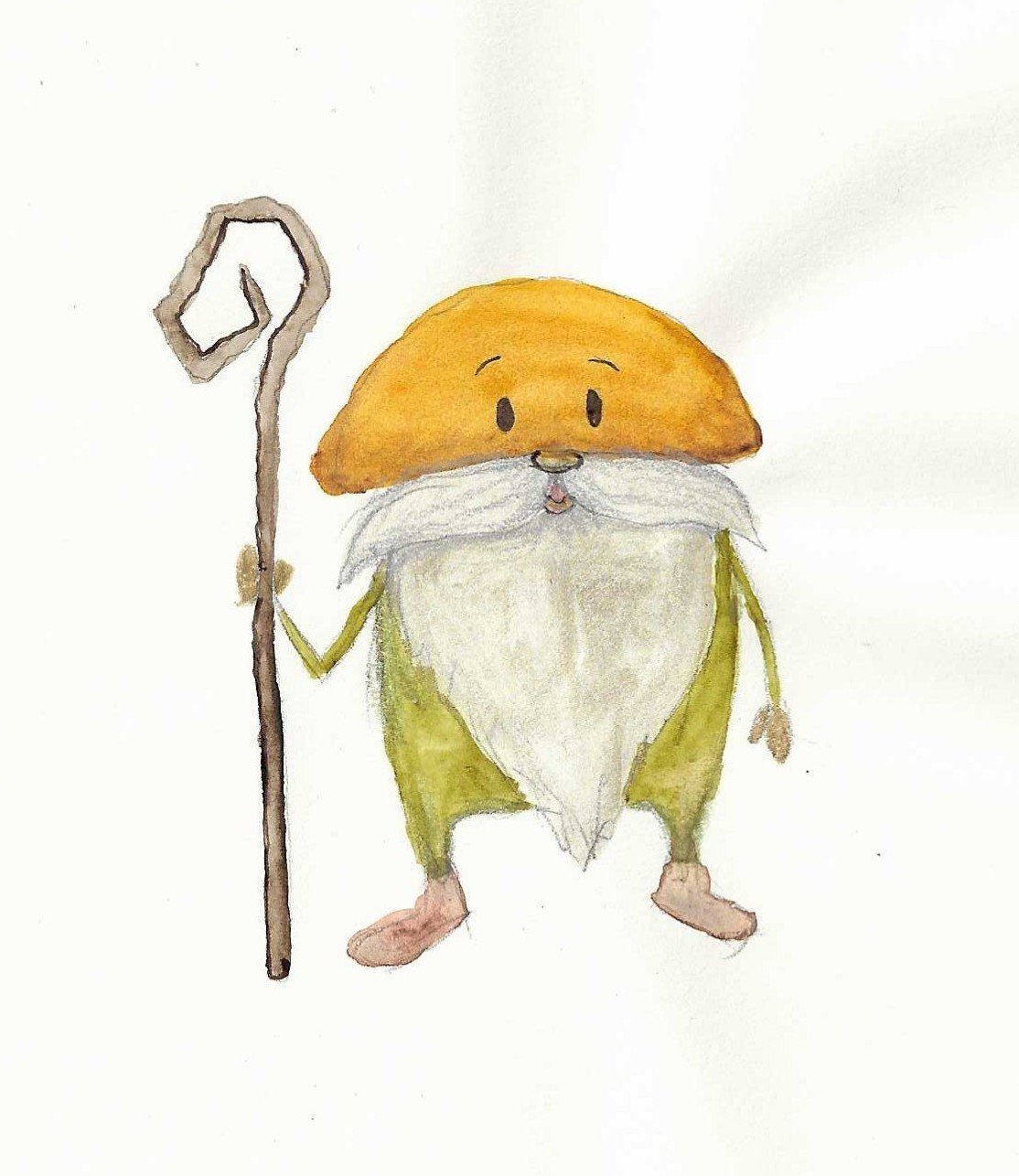 Watercolour illustration of a gnome with an orange mushroom cap hat, a white beard, holding a shepherd's crook, and wearing greenish-brown clothing.