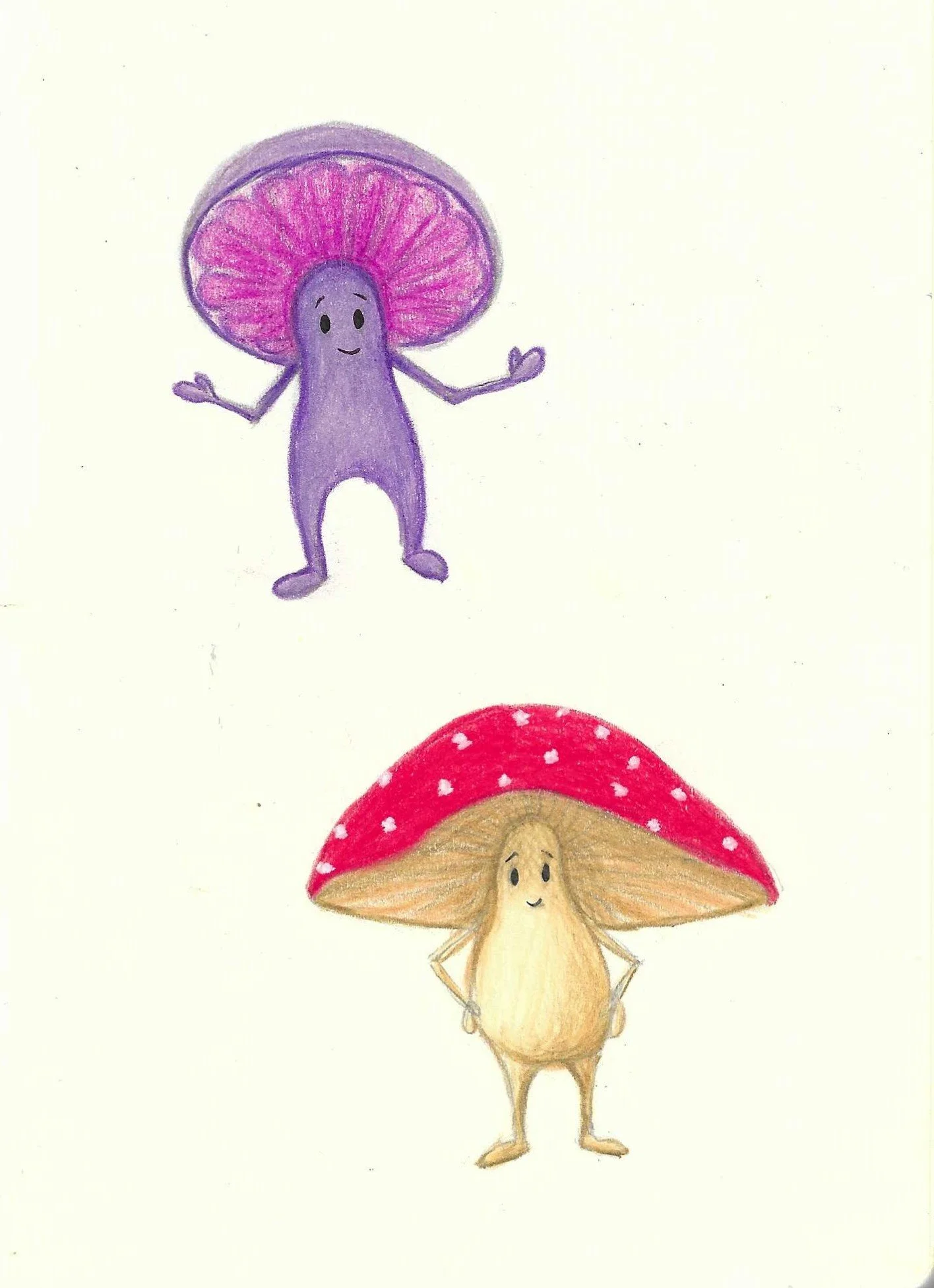 Hand-drawn illustration of a purple mushroom with a pinkish cap and friendly face floating in the air, and a small yellow anthropomorphic mushroom with a red-and-white polka-dotted cap and a happy expression standing on the ground with hands on hips.