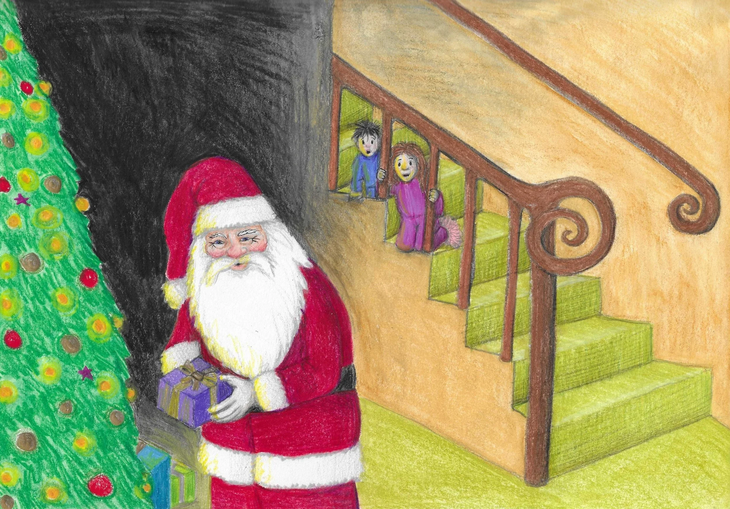 Colourful drawing of Santa Claus holding a purple gift box near a decorated Christmas tree with ornaments, while two children look out from a staircase.