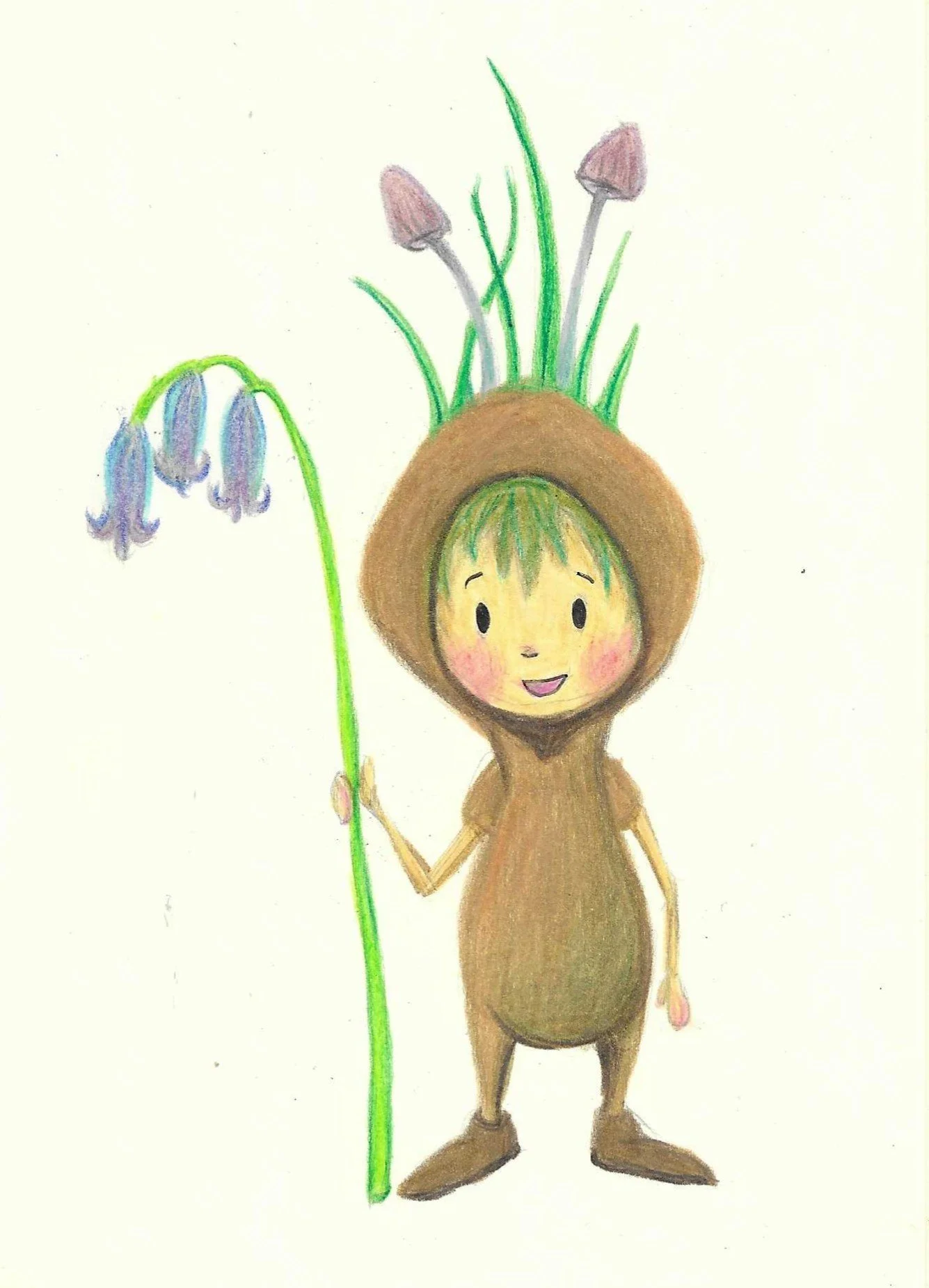 A childlike drawing of a person with a human body and a bear costume head, holding a green stem with blue bell-shaped flowers, smiling with pink cheeks and short green hair.
