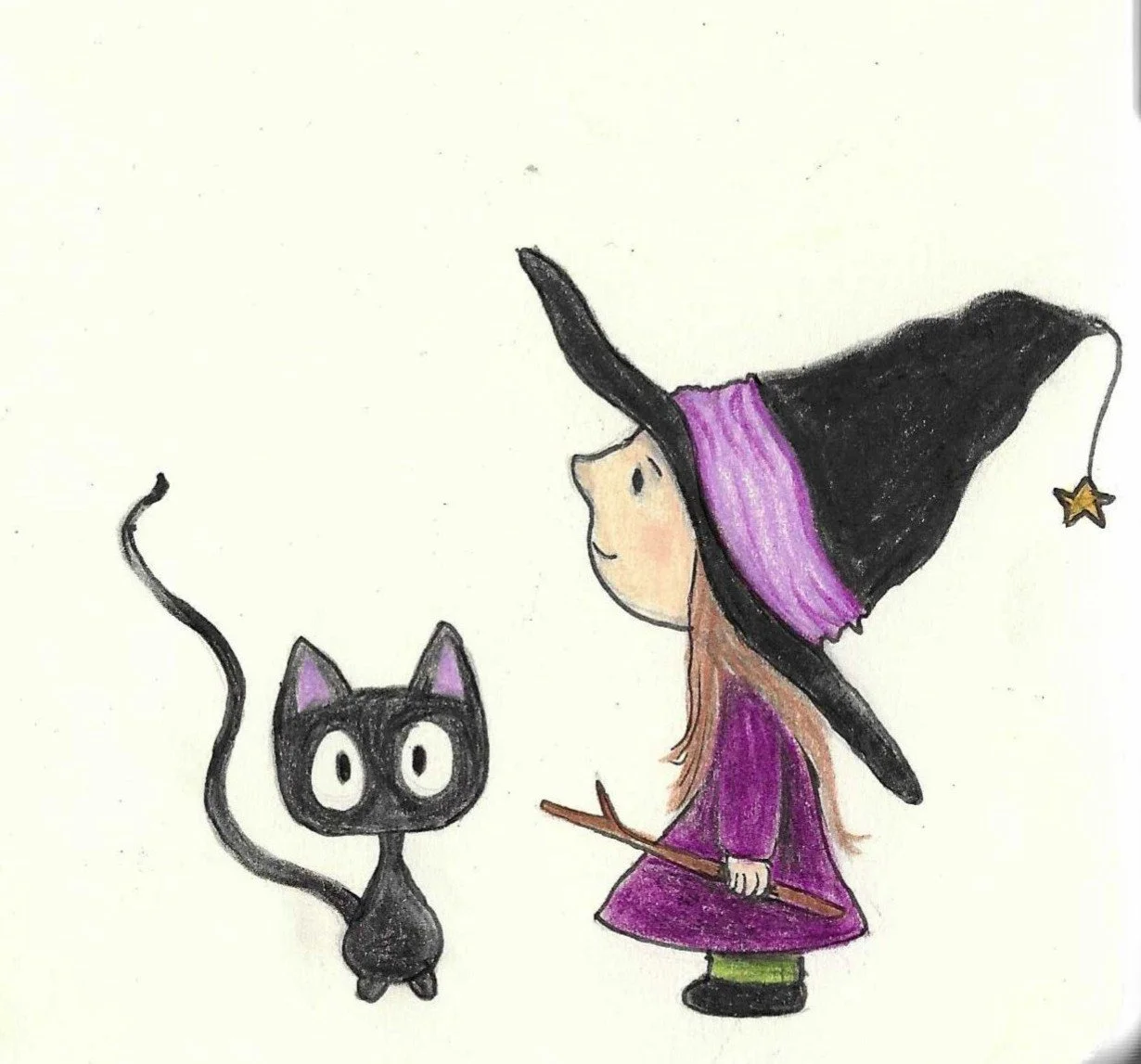 A drawing of a young girl dressed as a witch with a large black hat, purple dress, and holding a broomstick, standing next to a small black cat with wide eyes.