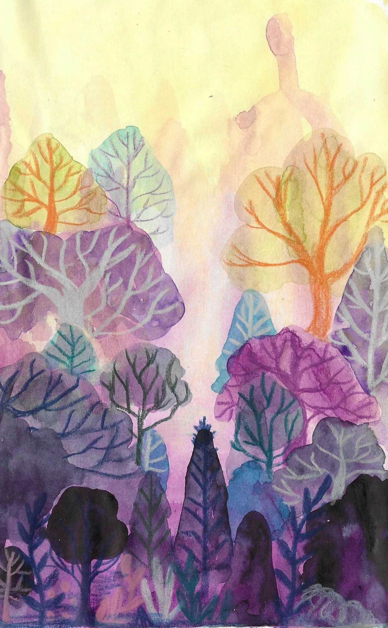 Watercolor painting of stylized trees with orange, purple, blue, green, and black leaves and a person standing at the bottom center, with a yellow background.