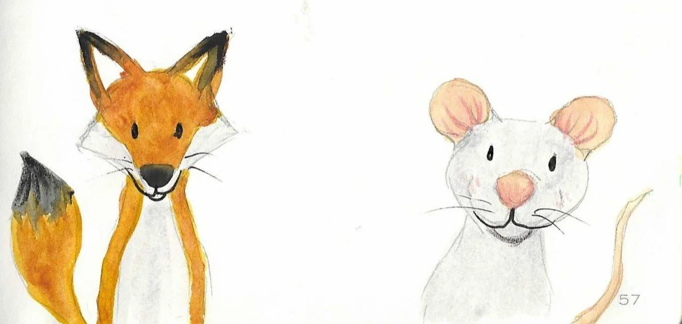 A hand-drawn illustration of a smiling fox on the left and a smiling mouse on the right, both with soft pastel colors and simple lines.