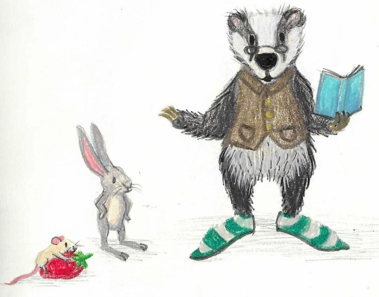 Illustration of anthropomorphic animals: a wise-looking badger in a brown vest and striped slippers holding a blue book, a rabbit with pink ears, and a small mouse sitting on a strawberry.