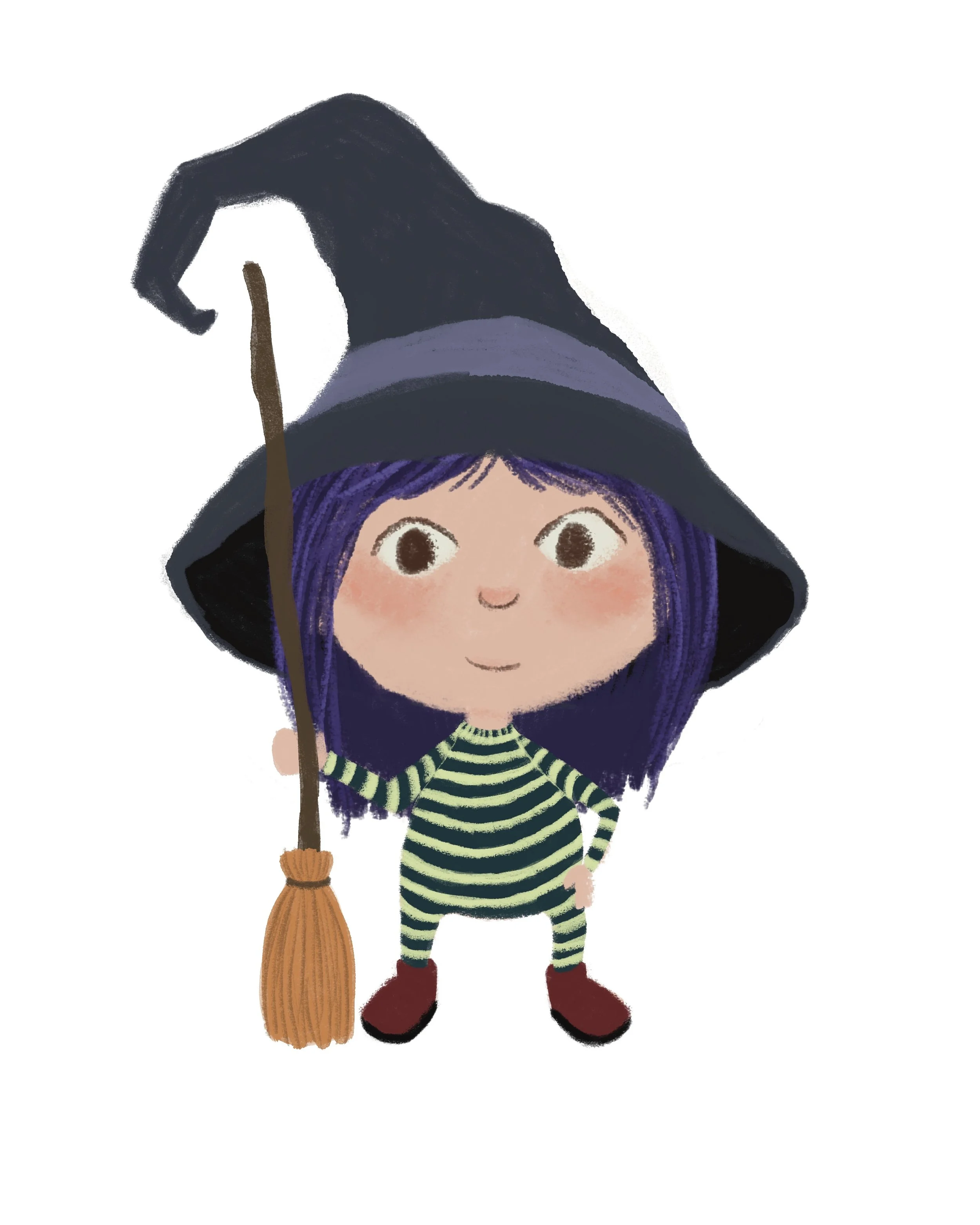 A young girl dressed as a witch, wearing a black pointed hat with a purple band, holding a broomstick, and standing with one hand on her hip. She has purple hair, large expressive eyes, and a cheerful expression.